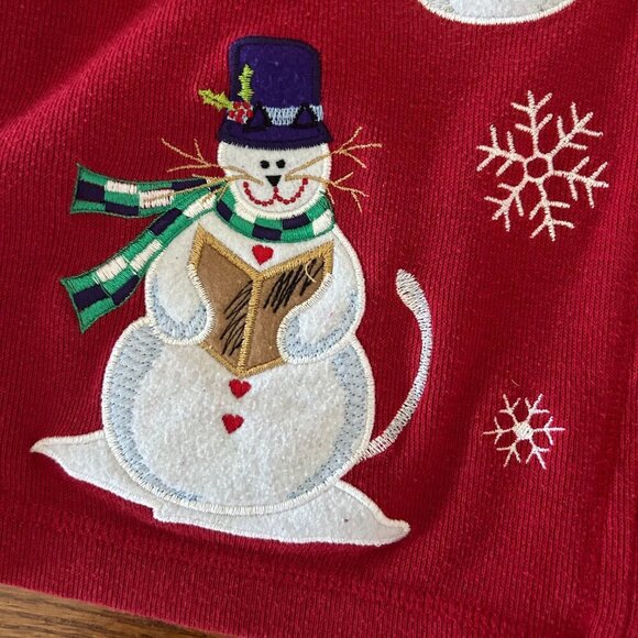 Vintage 80s Christmas CAT Full Zip Embroidered Sweater Size Petite Large Snowman - Picture 3 of 12